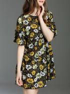 Shein Black Bell Sleeve Floral Shift Dress