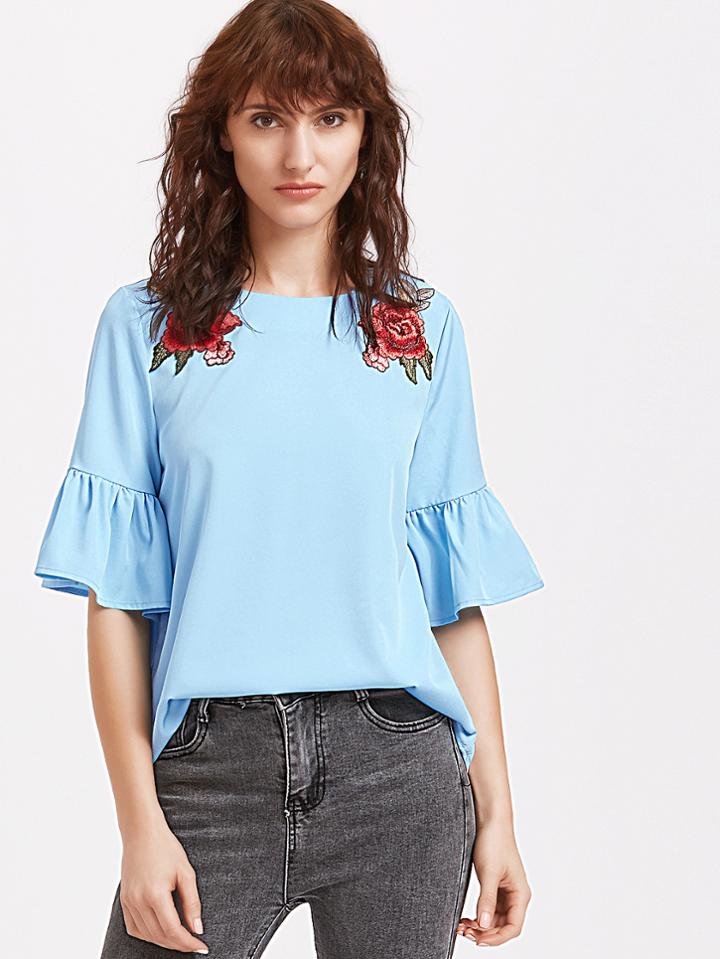 Shein Blue Rose Patch Ruffle Sleeve Keyhole Back Top