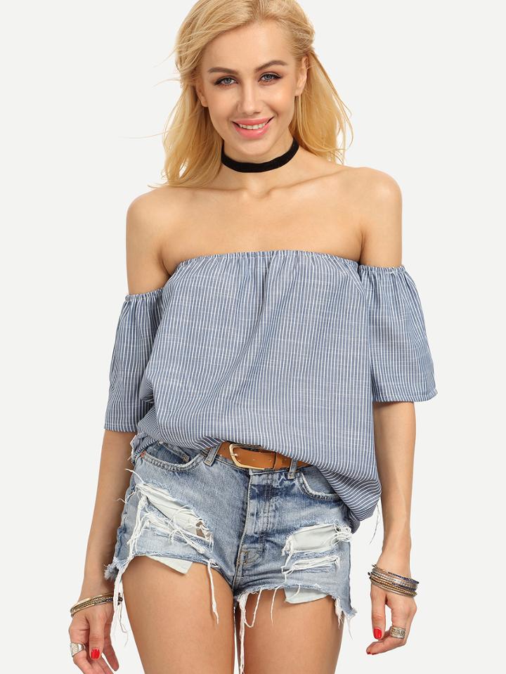 Shein Vertical Striped Fluted Sleeve Bardot Blouse