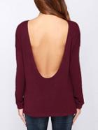 Shein Wine Red Long Sleeve Open Back T-shirt