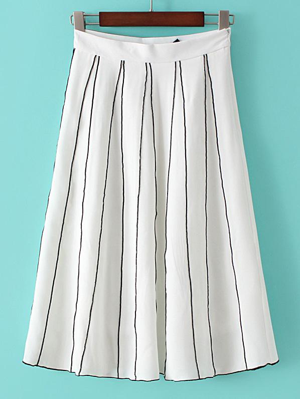 Shein White Vertical Stripe Zipper Pleated Skirt