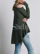 Shein Dark Green Cold Shoulder High Low Sweater