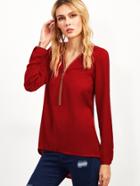 Shein Red Keyhole Zipper Back Dip Hem Blouse