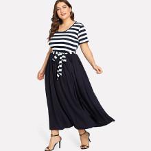 Shein Plus Striped Bodice Belted Dress