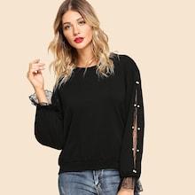 Shein Pearls Beaded Lace Contrast Pullover