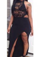 Rosewe Side Slit Lace Splicing Black Maxi Dress