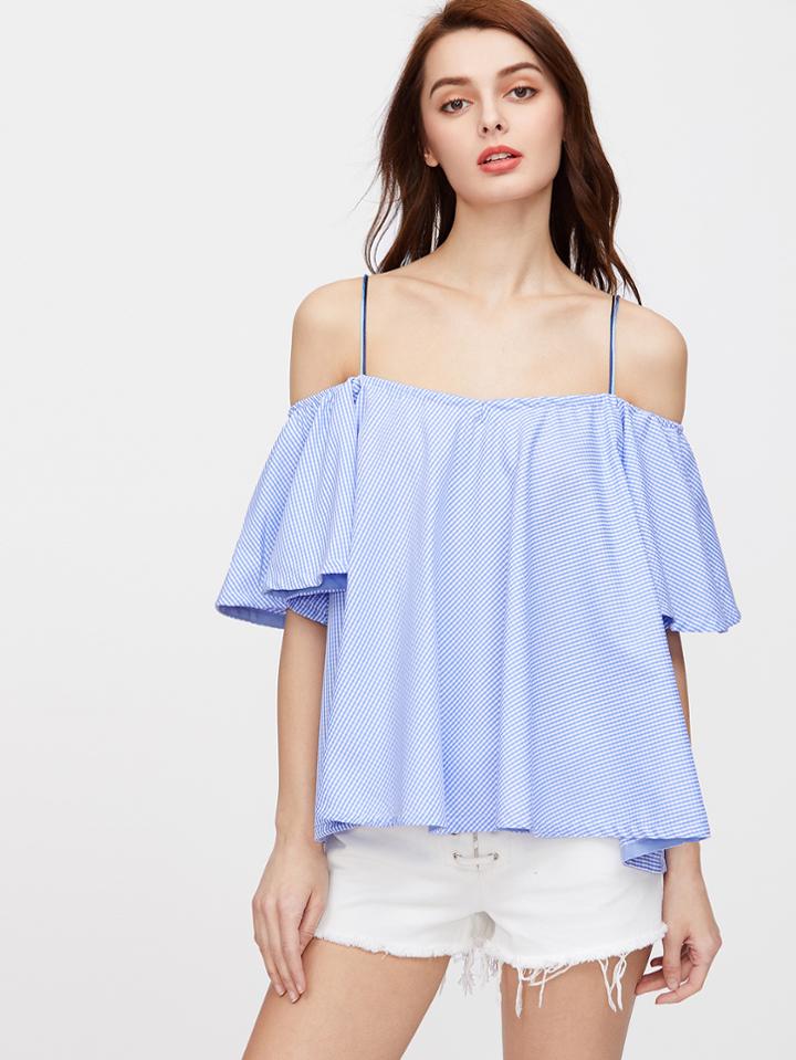 Shein Blue Striped Cold Shoulder Top