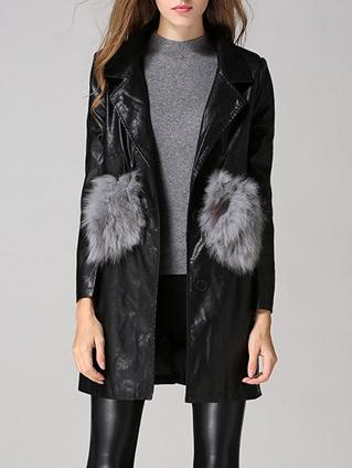Shein Black Notch Lapel Embellished Pu Trench Coat