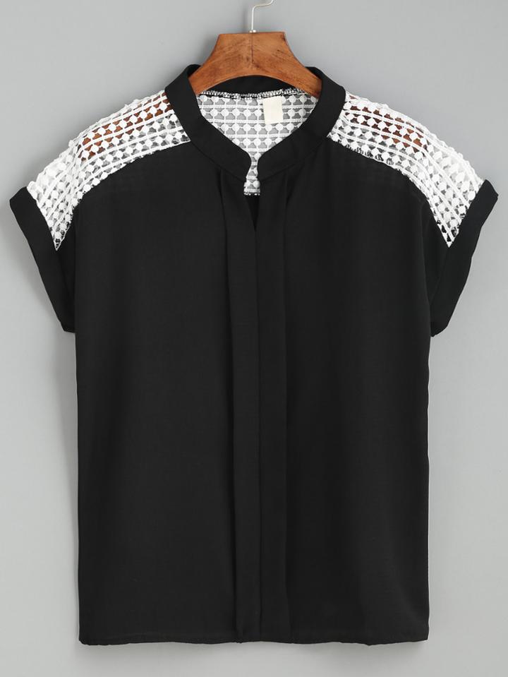 Shein Black Contrast Dot Crochet Yoke Layered Placket Blouse