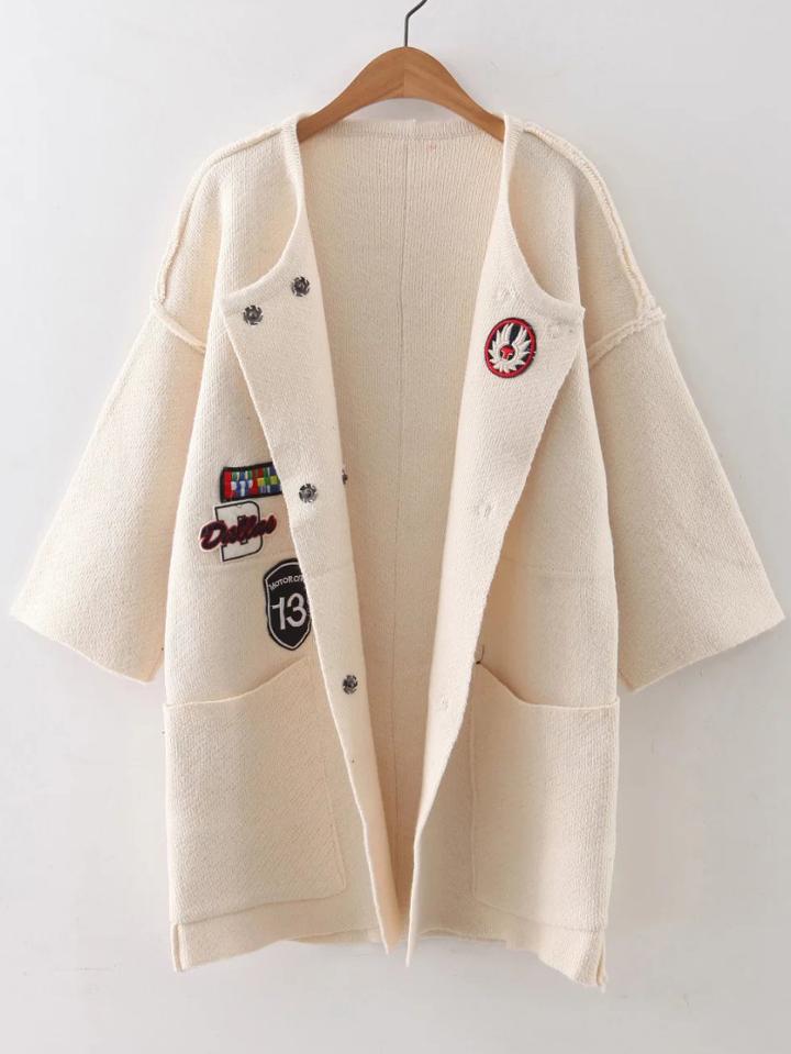 Shein Beige Patch Embroidery Drop Shoulder Side Slit Pocket Cardigan