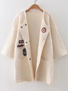 Shein Beige Patch Embroidery Drop Shoulder Side Slit Pocket Cardigan
