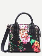 Shein Black Flower Print Studded Structured Satchel Bag