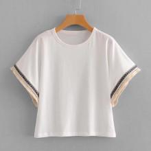 Shein Contrast Embroidered Tape Tassel Trim Tee