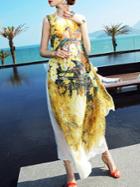 Shein Yellow Crew Neck Floral Maxi Dress