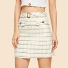 Shein Plaid Fitted Skirt With Buckle Belt
