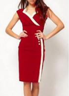 Rosewe Skinny Red Sleeveless Shirred Waist Work Dress With Edging