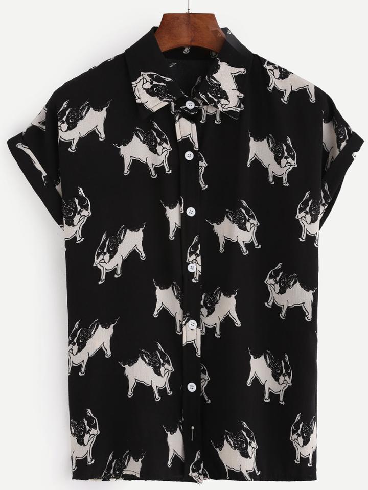 Shein Black Bulldog Print Cuffed Sleeve Blouse