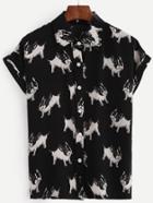 Shein Black Bulldog Print Cuffed Sleeve Blouse