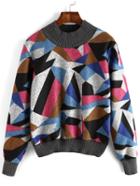 Shein Colour Mock Neck Geometric Print Sweatshirt