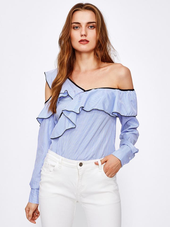 Shein Contrast Binding Asymmetric Shoulder Pinstripe Blouse