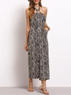 Shein Black Halter Floral Loose Jumpsuit