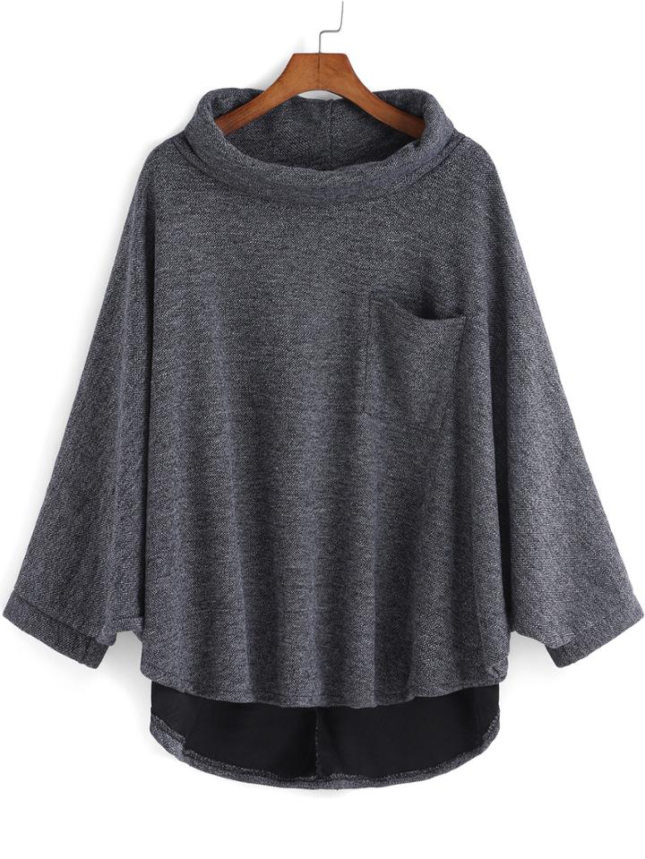 Shein Grey High Neck Pocket Loose Cape Sweatshirt