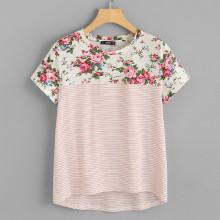 Shein Floral And Striped Print Tee