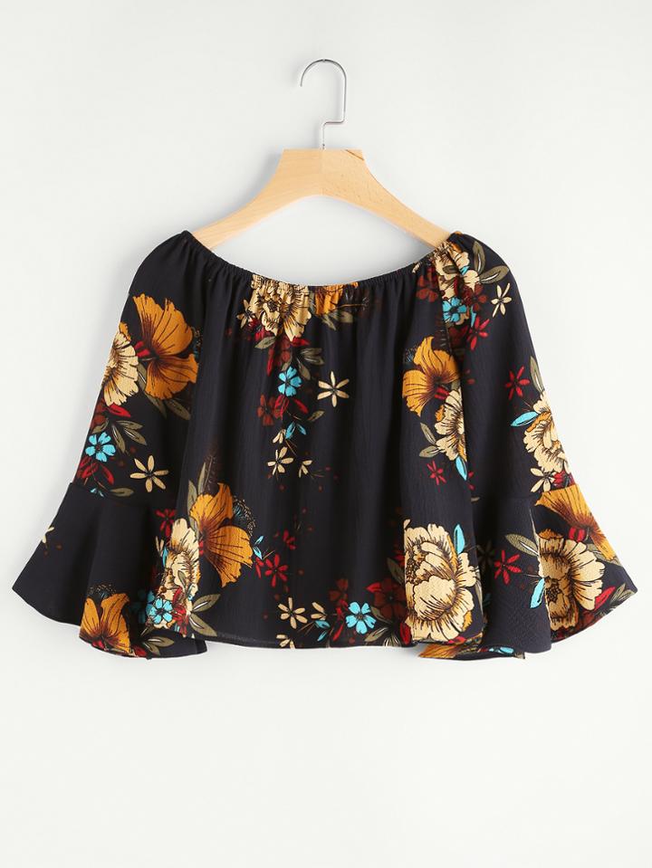 Shein Boat Neckline Calico Print Bell Sleeve Crop Top