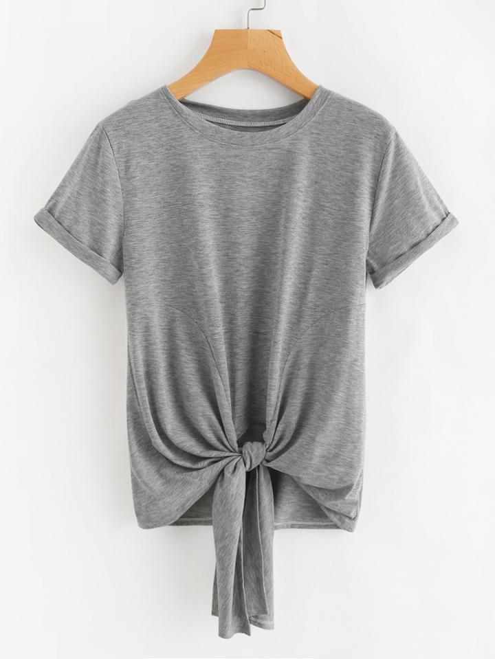 Shein Knotted Hem Cuffed Marled Tee