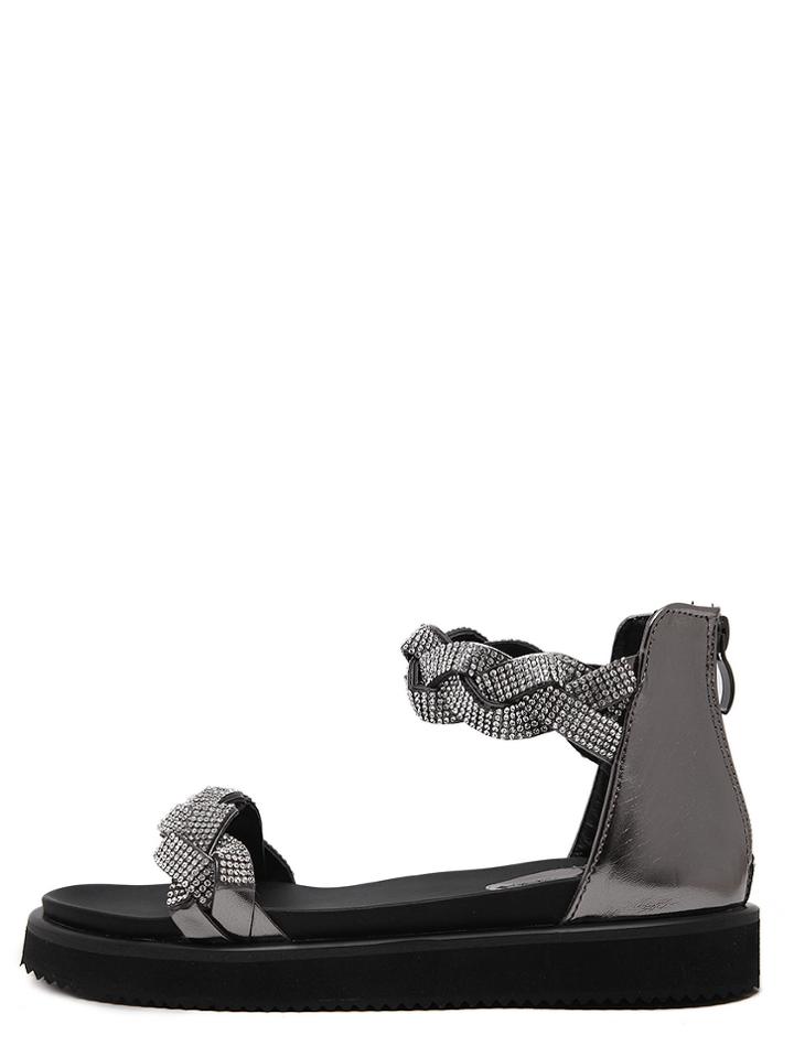 Shein Grey Open Toe Rhinestone Criss Cross Braided Sandals