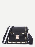 Shein Black Stylish Studded Trim Flap Leather Shoulder Bag
