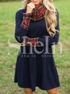 Shein Navy Contrast Plaid Cuff Shift Dress