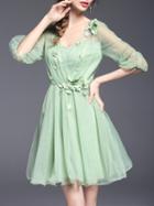 Shein Green V Neck Flowers Applique Sheer Dress