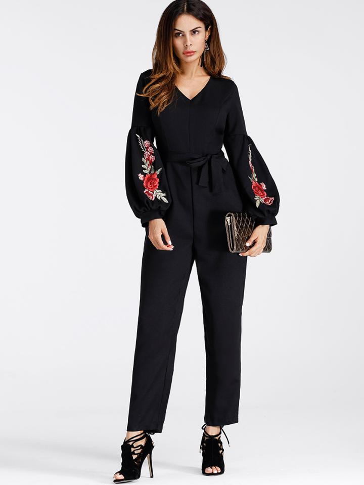 Shein Lantern Sleeve Embroidered Rose Applique Jumpsuit With Belt
