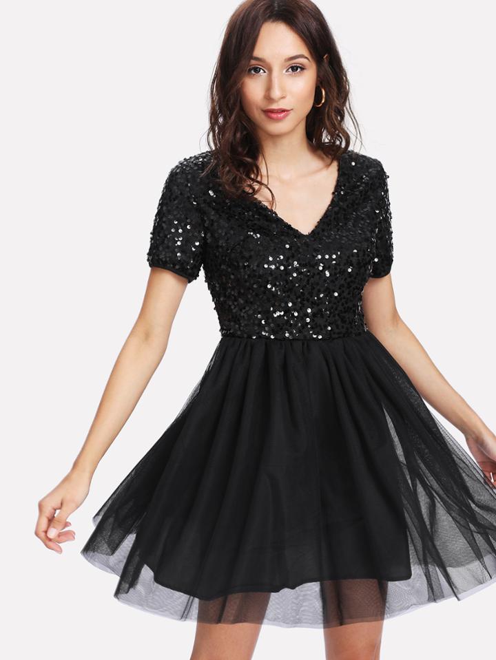 Shein Sequin Bodice Mesh Overlay Dress