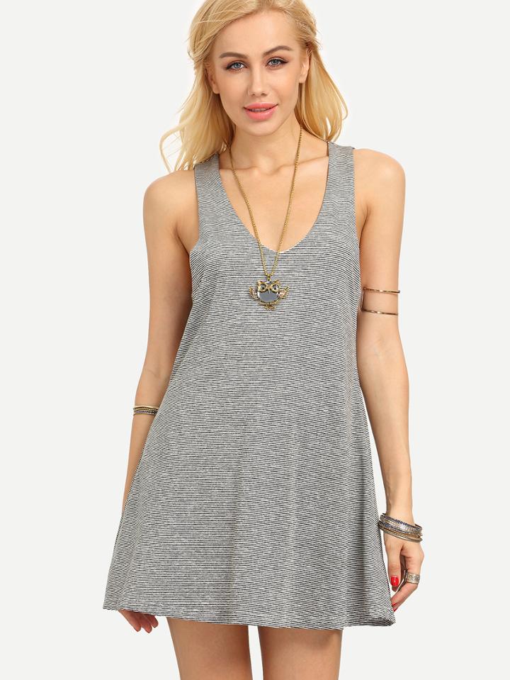 Shein Grey Striped Double V Neck Tank Dress