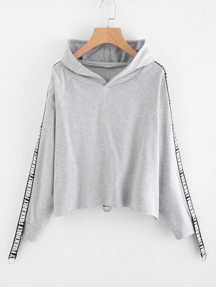 Shein Slogan Print Tape Raw Hem Hoodie