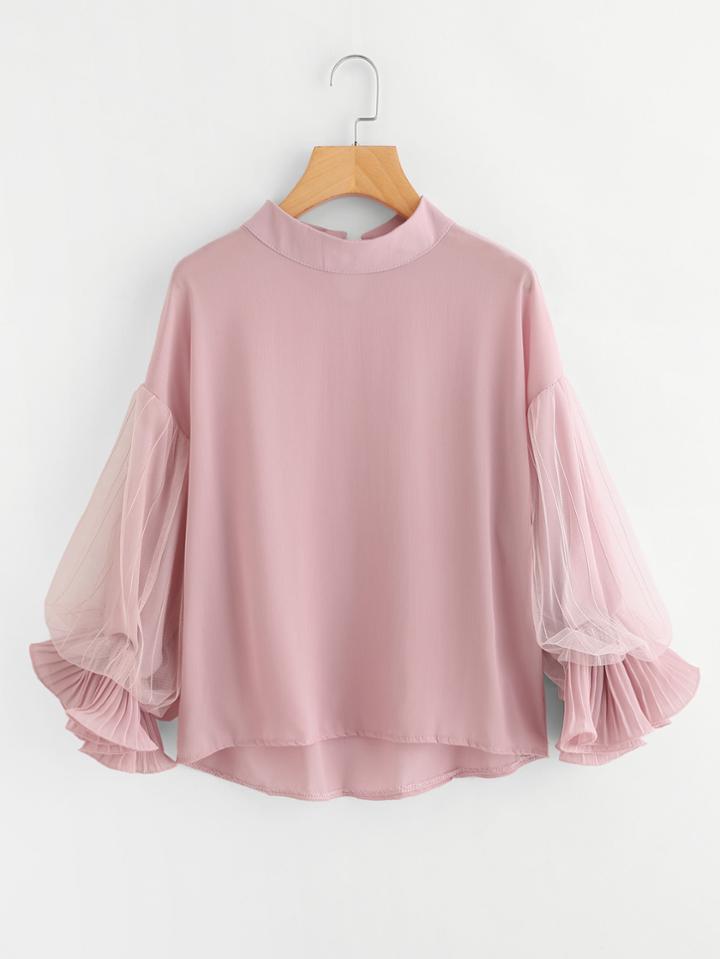 Shein Dip Hem Lace Panel Blouse