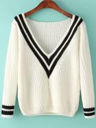 Shein White V Neck Striped Knit Sweater