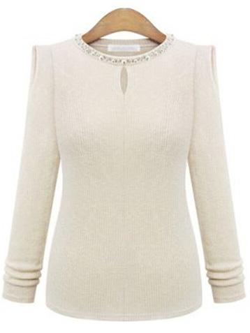 Shein White Beaded Neck Keyhole Front Ribbed Sweater