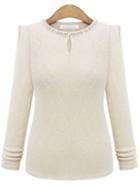 Shein White Beaded Neck Keyhole Front Ribbed Sweater