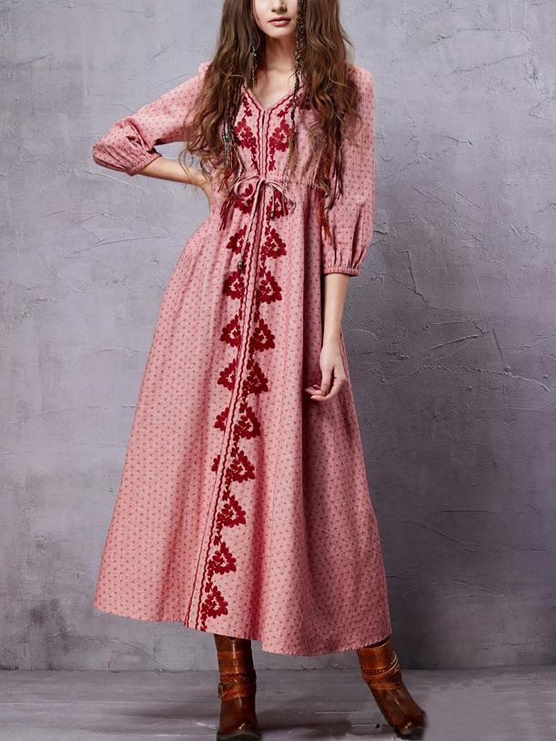 Shein Drawstring Waist Long Embroidered Dress - Red
