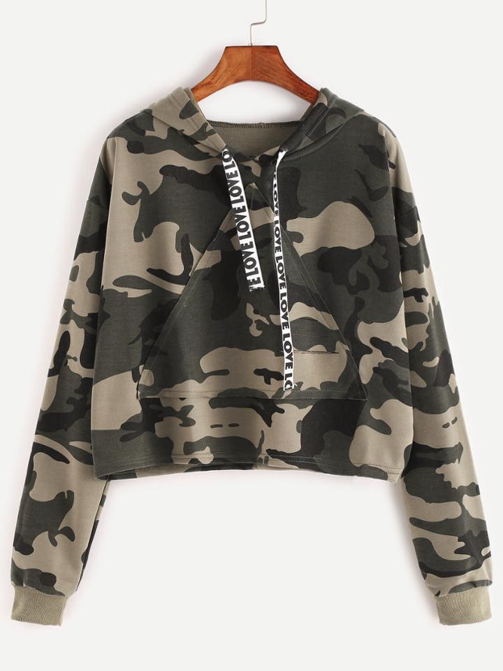 Shein Camo Print Hooded Ripped Patch Crop Sweatshirt