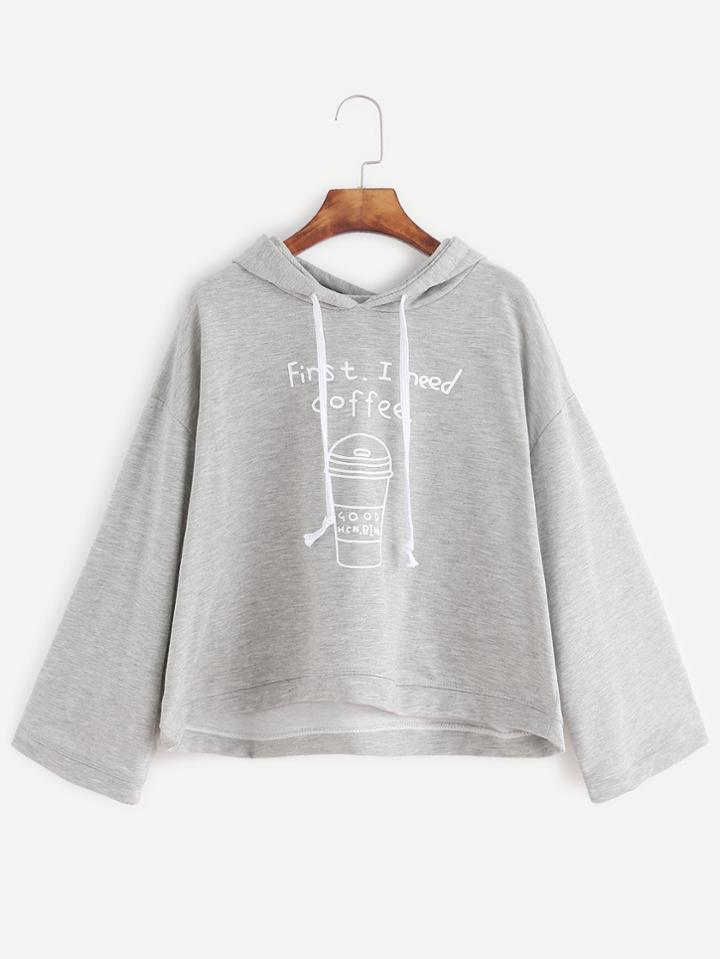 Shein Grey Coffee Cup Print Hooded Sweatshirt