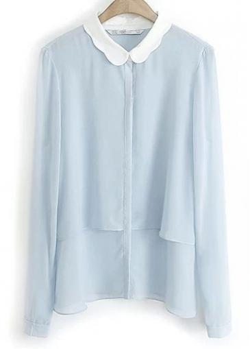 Rosewe Simple Turndown Collar Long Sleeve Chiffon Blouse Blue