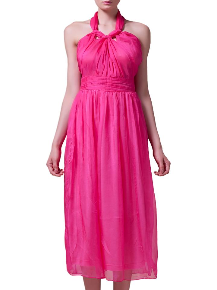 Shein Hot Pink Halter Chiffon Midi Dress