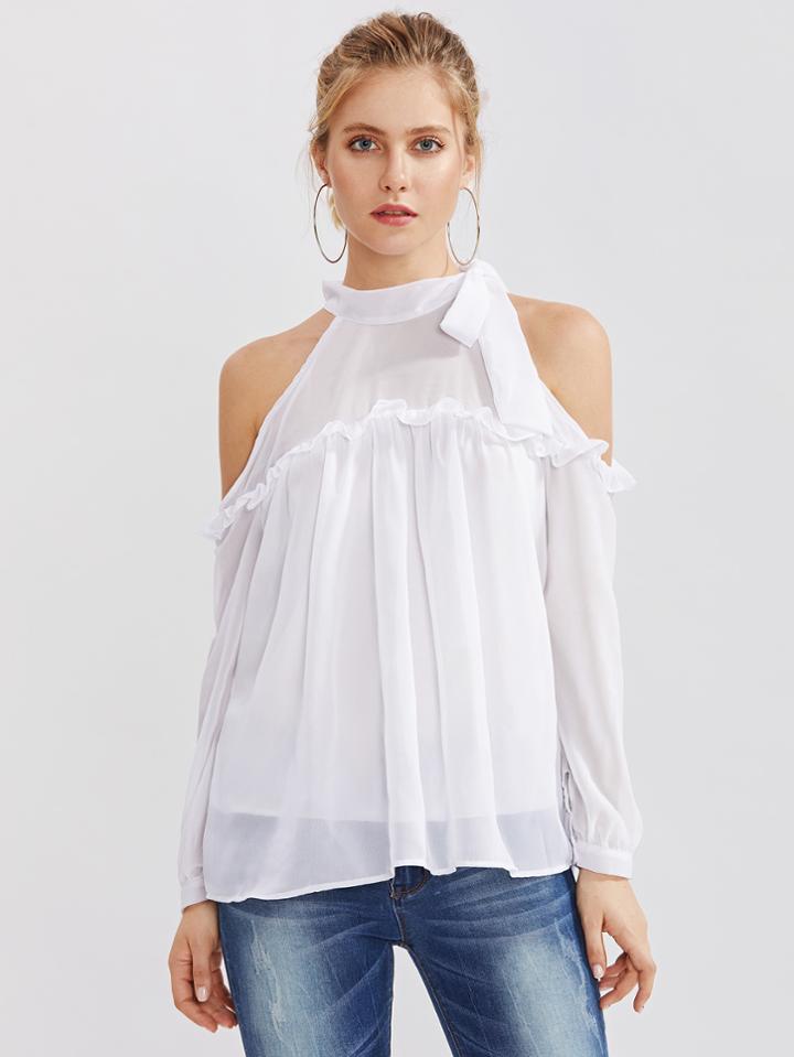 Shein Open Shoulder Frill Trim Bow Tie Top