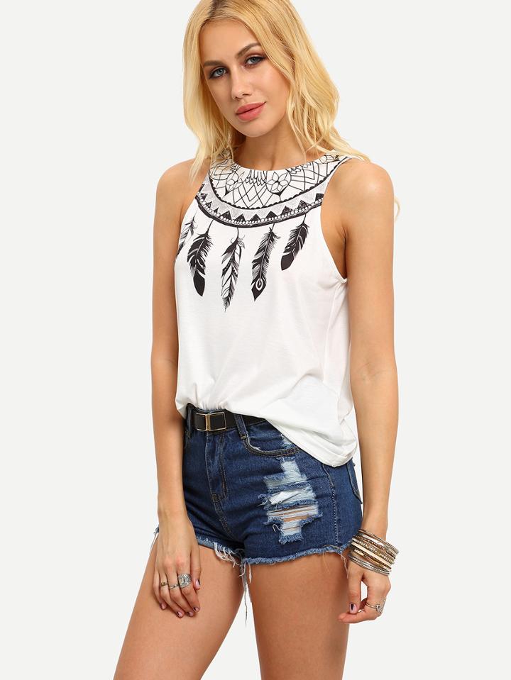 Shein White Feather Print Tank Top