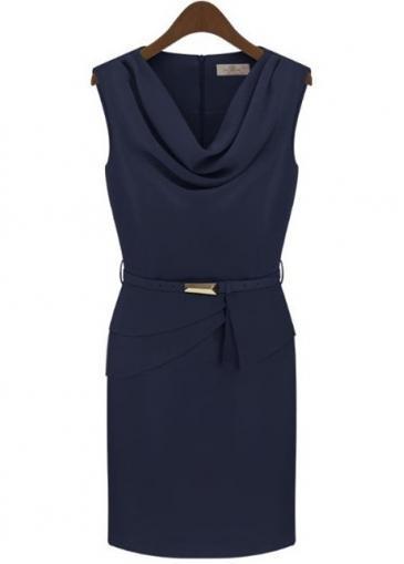 Rosewe Modern Cowl Neck Navy Blue Sheath Mini Dress With A Belt