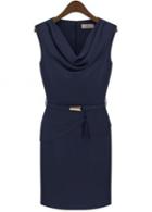 Rosewe Modern Cowl Neck Navy Blue Sheath Mini Dress With A Belt